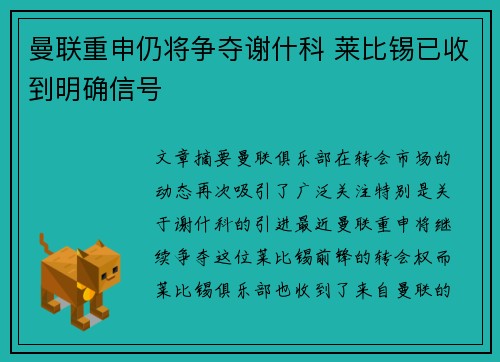 曼联重申仍将争夺谢什科 莱比锡已收到明确信号