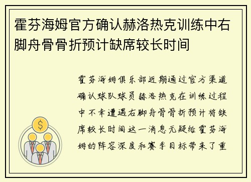 霍芬海姆官方确认赫洛热克训练中右脚舟骨骨折预计缺席较长时间