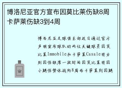 博洛尼亚官方宣布因莫比莱伤缺8周 卡萨莱伤缺3到4周