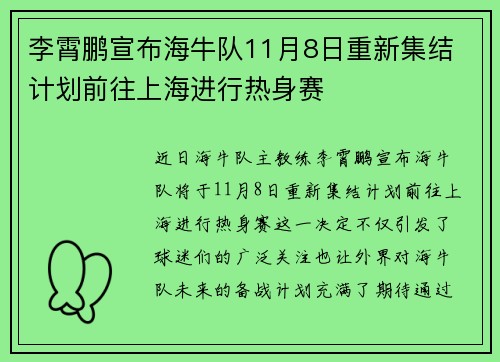 李霄鹏宣布海牛队11月8日重新集结 计划前往上海进行热身赛